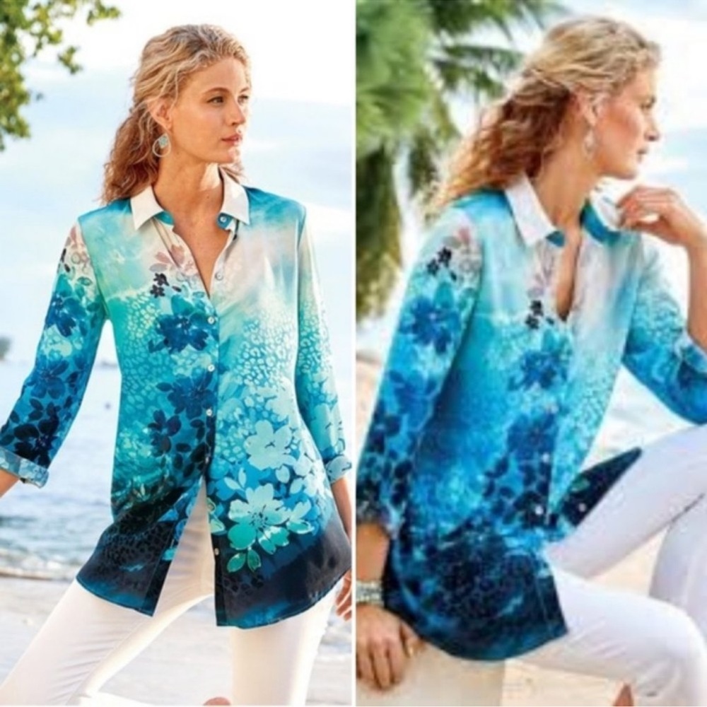 Soft Surroundings 100% Silk Jolene Button Down Floral Top Sz M